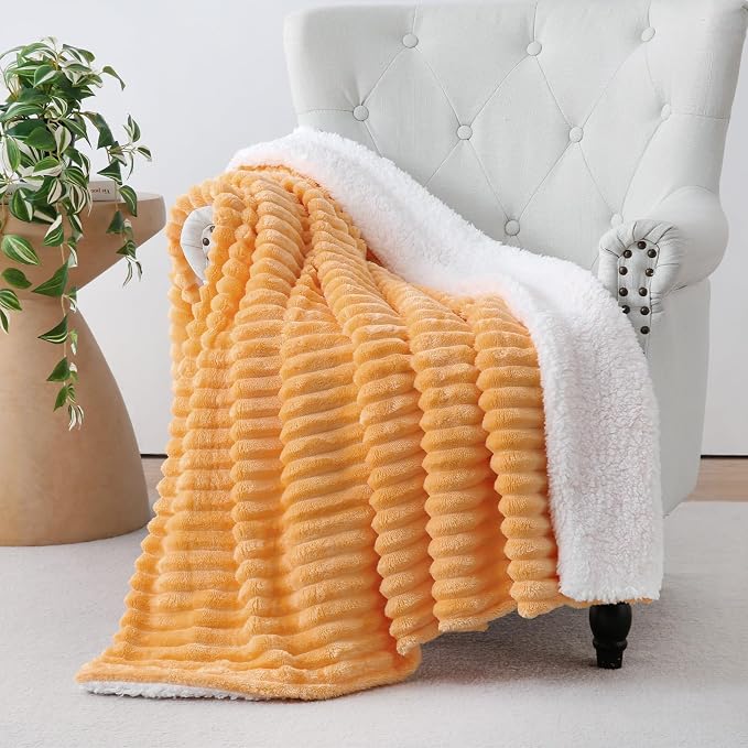 Warm Yellow Sherpa Fleece Throw Blanket 60”×80”for Couch Sofa Bed | Double Side Soft Fuzzy Cozy Plush Thick Flannel Blanket with Striped Design Gift for Adults,Woman