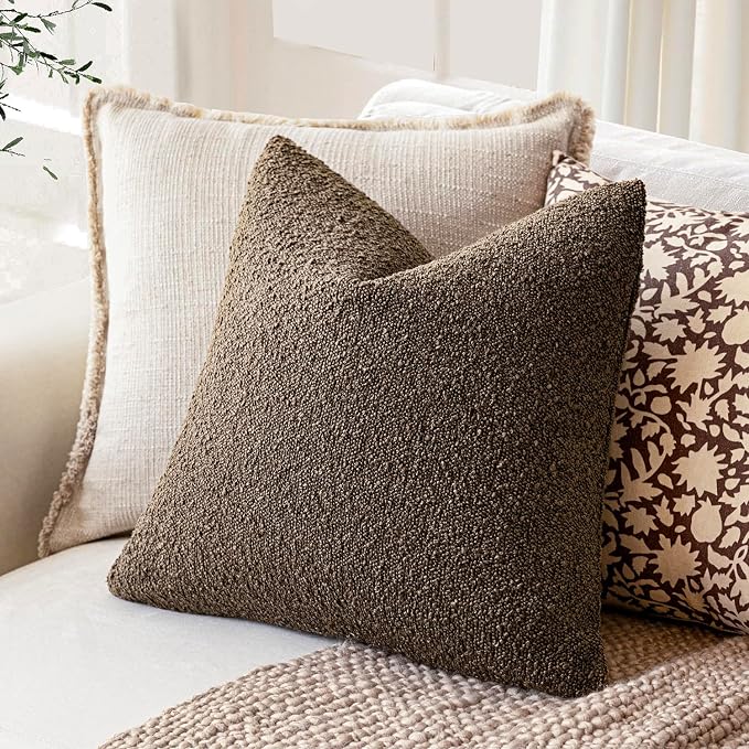 Foindtower Pack of 2 Textured Boucle Throw Pillow Covers Accent Solid Pillow Cases Cozy Soft Decorative Couch Cushion Case for Chair Sofa Bedroom Living Room Home Decor 18x18 Inch Light Brown