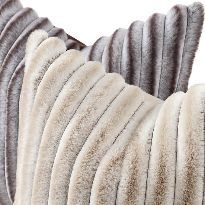 decorUhome Fall Faux Fur Throw Pillow Covers 12x20 Set of 2 Brown White | Decorative Soft Cozy Striped Plush Modern Farmhouse Boho Couch Pillow Cases Velvet Back for Sofa Bed Living Room Home Decor