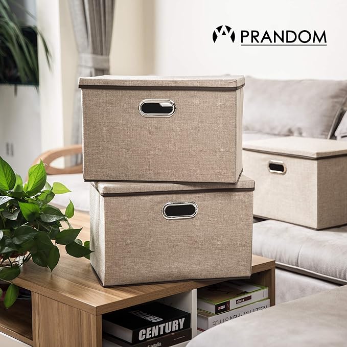 Large Collapsible Storage Bins with Lids [3-Pack] Jute Fabric Foldable Storage Boxes Organizer Containers Baskets Cube with Cover for Home Bedroom Closet Office Nursery (17.7x11.8x11.8)