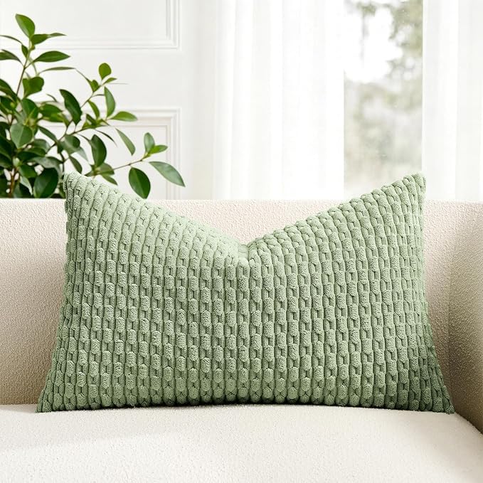 Kevin Textile Soft Corduroy 14"x20" Lumbar Pillow Cover 1 Pack, Sage Green | Boho Stripe Plush Corduroy Decorative Oblong Cushion Cover Modern Farmhouse Home Decor for Sofa Couch Bed Chair