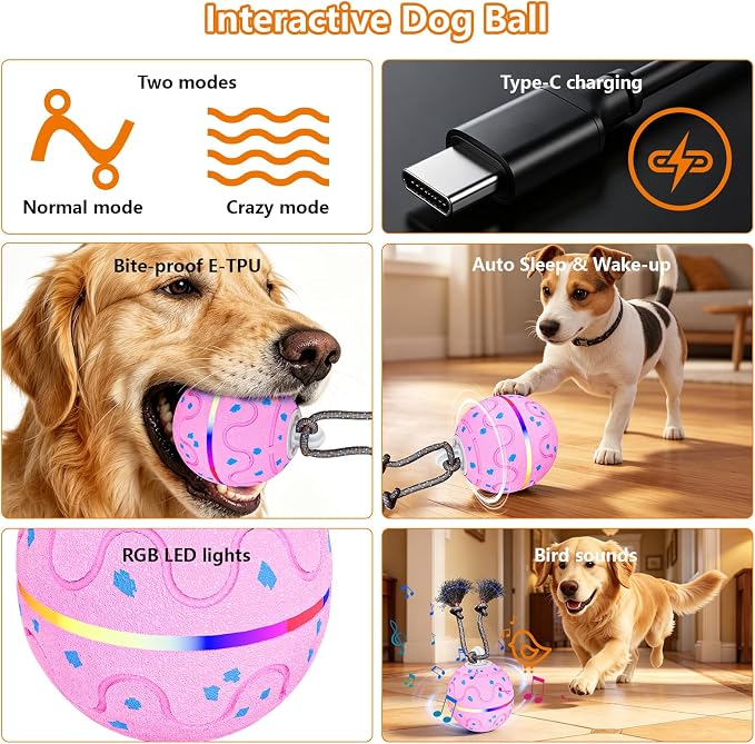 Interactive Dog Ball Toy with 2 Rope, Automatic Rolling & Bouncing Smart Dog Toy with Bird Chirping Sound and LED Light, Soft ETPU Chew-Safe Material, USB Rechargeable, for Medium & Large Dogs