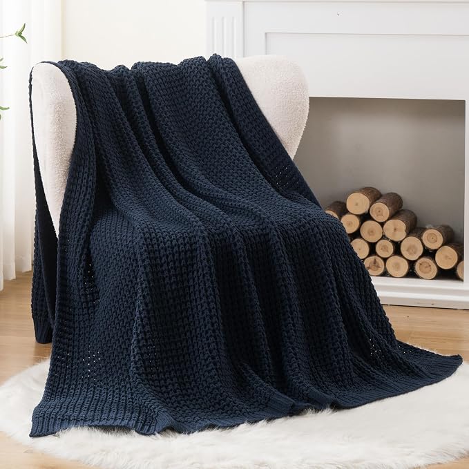 Navy Blue Throw Blanket for Couch, Chenille Knitted Blue Blanket 60''x80'' | Soft Cozy Chunky Knitted Blanket, Warm Thick Throw Blanket for Home Decor, Sofa, Men, Modern Farmhouse Style