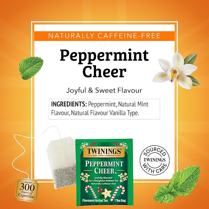 Twinings Peppermint Cheer Herbal Tea Individually Wrapped Bags, 20 Count (Pack of 1), Peppermint & Vanilla, Naturally Caffeine-Free, Enjoy Hot or Iced, 20 Teabags