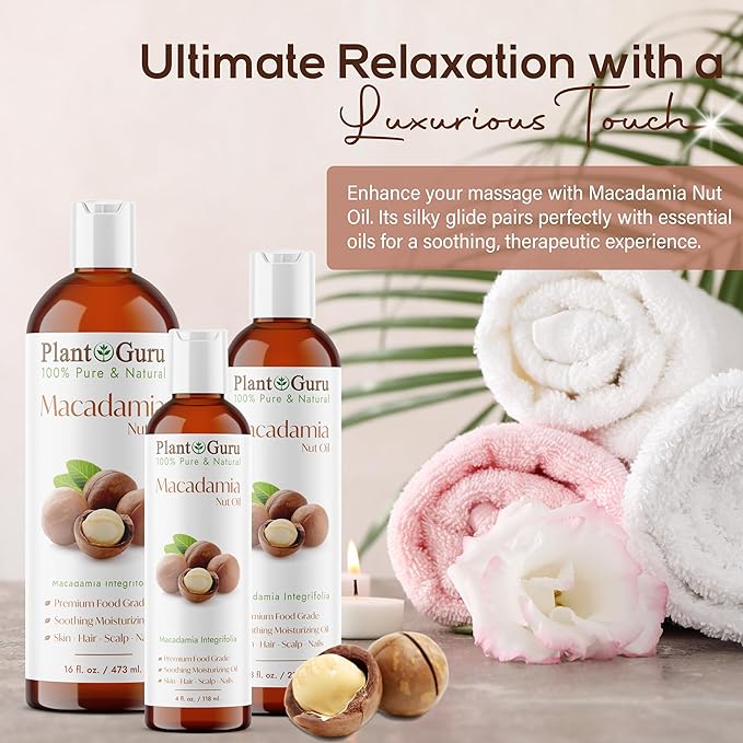 Plant Guru Macadamia Nut Oil 4 fl. oz. Cold Pressed 100% Pure Natural Carrier – Skin, Face, Body, and Hair Moisturizer. Ideal for DIY Creams, Lotions, and Lip Balms