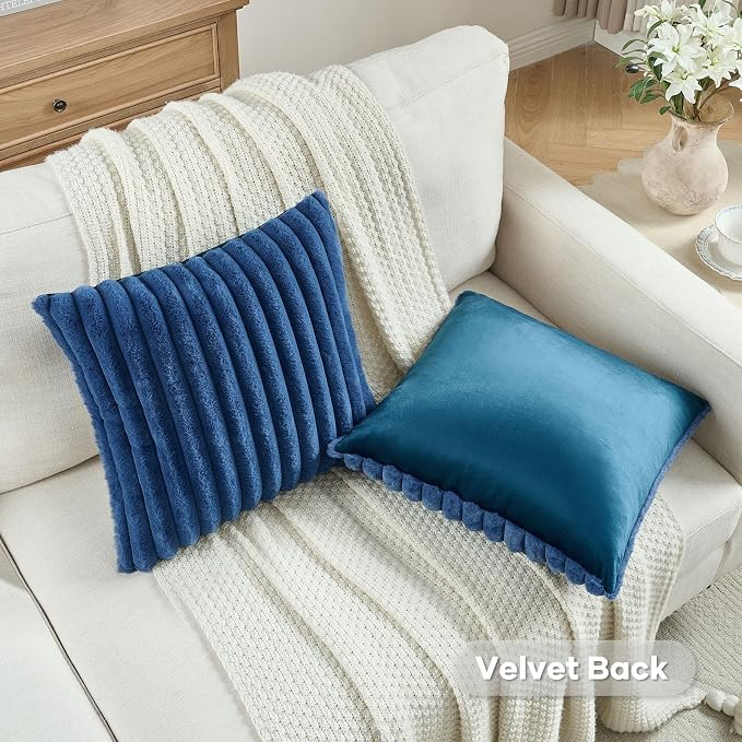FUTEI Pack of 2 Faux Fur Throw Pillow Covers 16x16 Inch, Navy Blue | Fluffy Faux Rabbit Fur Front/Premium Velvet Back,Hidden Zipper,Machine Washable,Non-Shedding,Colorfast,Insert Not Included.