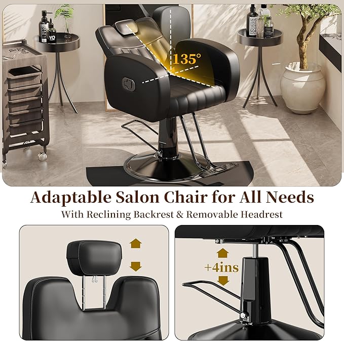Baasha Ergonomic All Black Salon Chair with Comfortable Thickened Cushions, Heavy Duty Reclining Stylist Chair for Hair braiding, Extensions, Tattooing, Weight Capacity 440 lbs