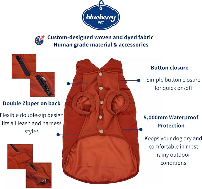 Blueberry Pet Cozy Dog Coat – Rusty Orange Waterproof Quilted Winter Jacket, Warm Puffer for Small Dogs, Size 10, Easy-Wear Outdoor Dog Clothes
