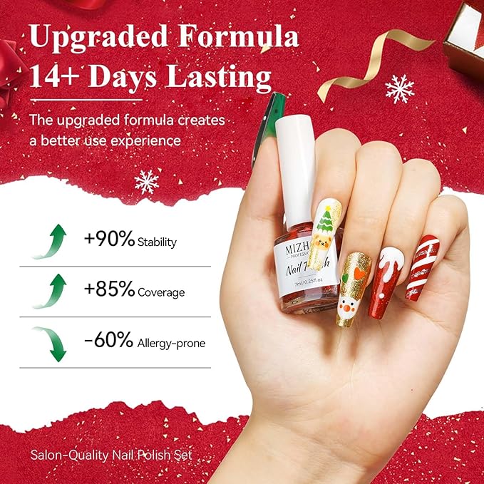 MIZHSE Quick Dry Christmas Nail Polish Set with Sticker, 6 Colors Red Green White Gold Sliver Sparkle Polish, Fast Drying Nail Polish Set Manicure Gift for Women