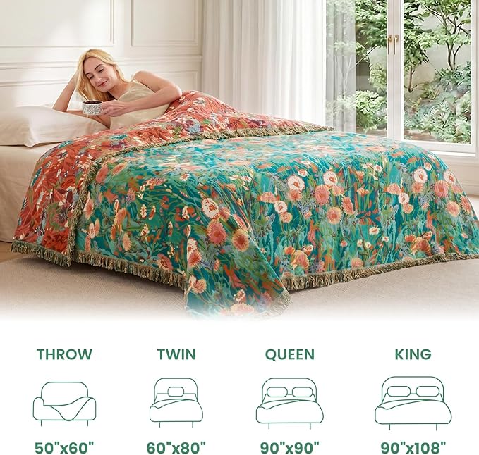 MSGKV Boho Throw Blanket 50"x60" 100% Cotton Floral Blanket for Couch Bed | Super Soft Muslin, Everyday Comfort, Lightweight, Farmhouse Decor, Breathable, All Seasons, Machine Washable, Cozy Comfort