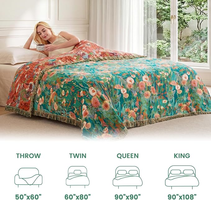 MSGKV Boho Throw Blanket 60"x80" 100% Cotton Floral Blanket for Couch Sofa | 100% Cotton Throw, Floral Pattern, Muslin Blanket, Summer Breathable, Farmhouse Home Decor, All Seasons, Machine Washable