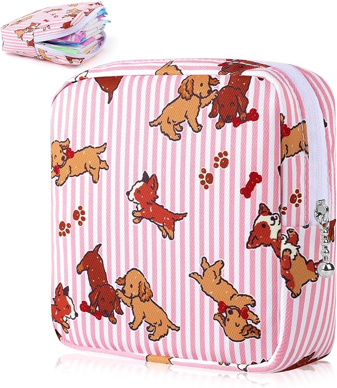 Sanitary Pad Storage Bag Portable Period Bag for Teen Pads/Sanitary Napkins/Small Tampons, Sanitary Napkin Storage Bag First Period Gifts for Teen Girls (Pink Striped Dog)