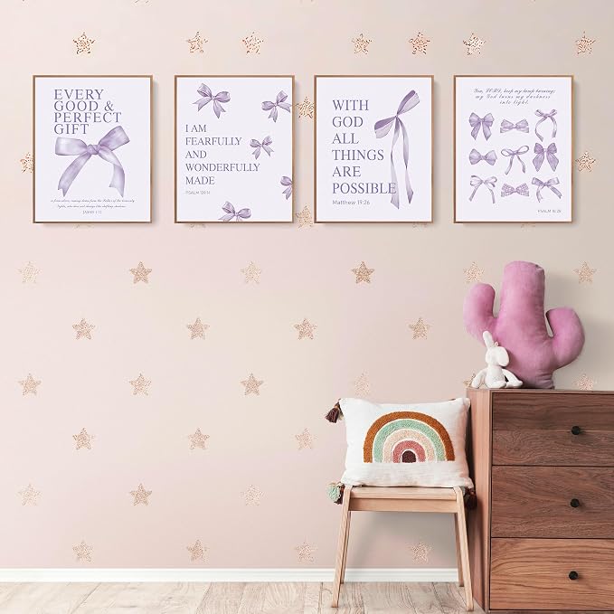 LARTSFRO Coquette Purple Bow Wall Art Decor Posters, Purple Bow Christian Room Bedroom Bathroom Dorm Wall Art Decor for College Teen Girls Kids Gifts, Inspirational Bible Verses Bow Wall Decor, 10x8 Inch Set of 4 Pcs Bow Pictures (UNFRAMED)