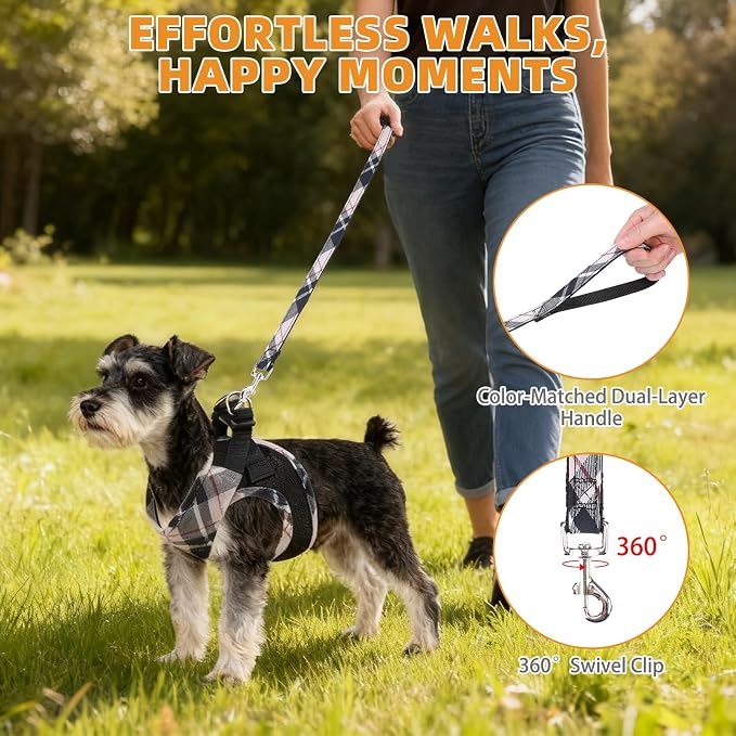 KOOLTAIL Small Dog Harness and Leash Set, Cute Puppy Harness, Step in No Pull Soft Mesh Pet Vest Harness Collar for Small Size Dogs Cats Boy Girl, Plaid Dog Halters for Outdoor Walking, Beige S