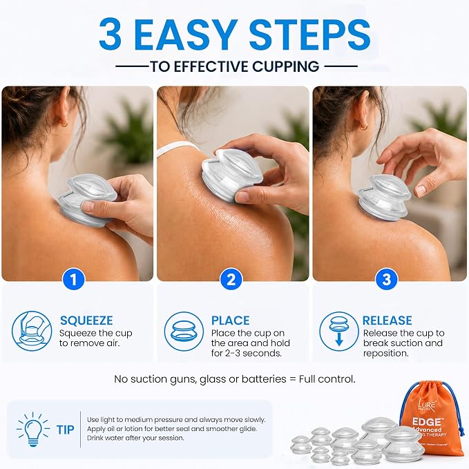 Lure Essentials Edge Silicone Cupping Set, Cupping Kit for Massage Therapy, Long Lasting Cups for Professional & Home Use, Body Sculpt Cup for Cellulite, Ultra Transparent Clear (8 Count)