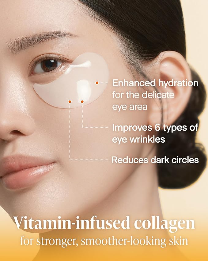 Korean Under Eye Patches for Dark Circles & Puffiness – Vita 500Da Fabric-Free Collagen Gel, 83% French Collagen + Niacinamide & Peptides, Cooling Depuffing, Turns Clear, 60 Patches