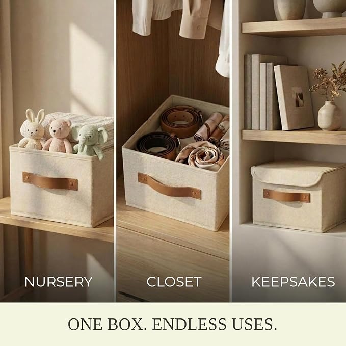 Decorative Linen Storage Boxes with Lids - Spacious Set of 2 Organizer Bins | The Perfect Small Container for Home Decor - Safely Store Photos, Documents and Memory Box Keepsakes in Style