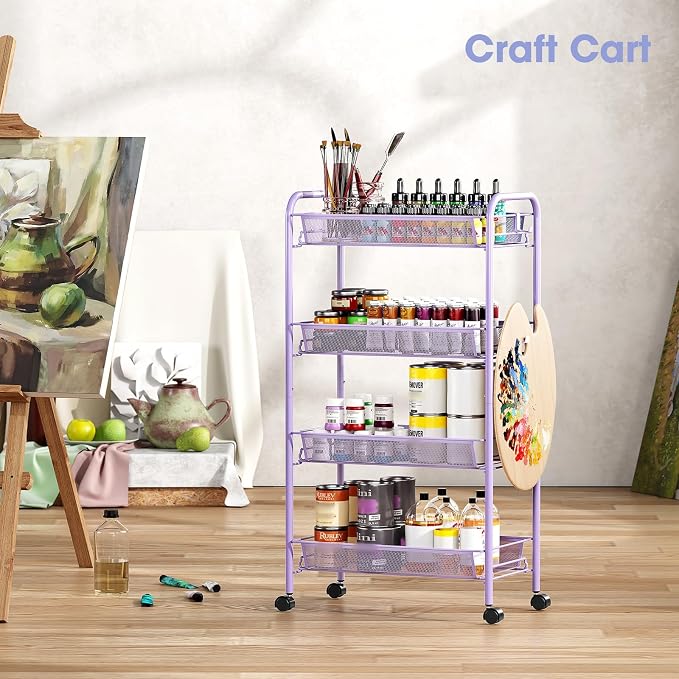 TOOLF 4 Tier Rolling Cart, Metal Utility Storage Cart with Wheels, Purple | 3 Hooks, Screwless Assembly, Trolley Organizer for Bathroom, Kitchen, Office, Nursery, Dorm, Laundry Room