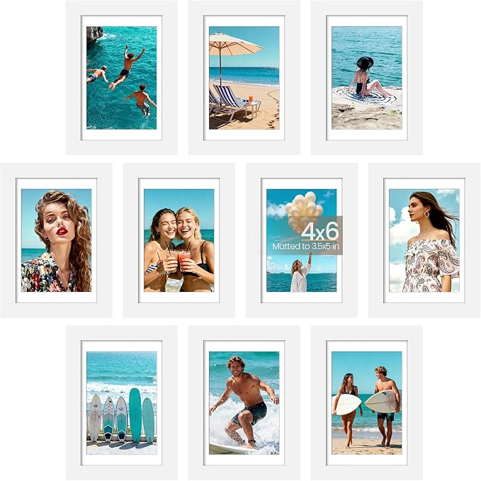 upsimples 4x6 Picture Frame Set of 10, Display Pictures 3.5x5 with Mat or 4x6 Without, Multi Photo Frames Collage for Wall or Tabletop Display, White | Fit 3.5x5 and 4 x 6 Photos, Wall or Tabletop Display, For Gallery Hallway Living Room, For Christmas...