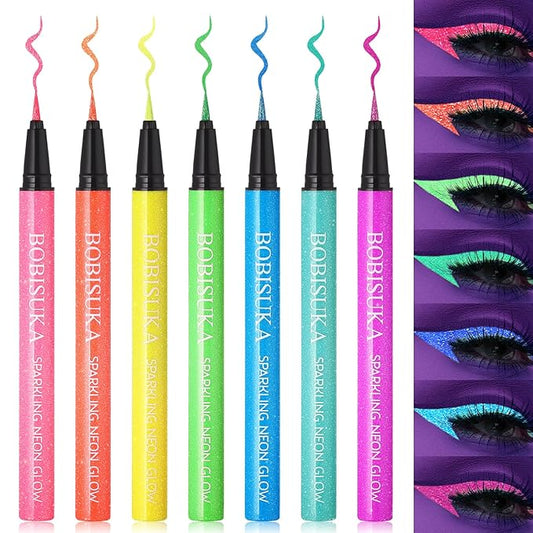 BOBISUKA 7 Colors Neon Eye Liner: UV Glitter Liquid Eyeliner Pencil - Colorful Waterproof Eyeshadow - Rainbow Smudge-proof Eye Makeup Pen Set For Halloween, Party And Birthday