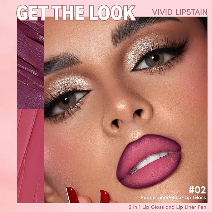 Lip Liner Gloss Lip Combo Set, 2 in 1 Lip Duo Plum Lip Liner Lipstick Matte Velvet Nude Berry Tinted Gloss Lip Kit, Smooth Quick Fuller Plumping Lip Makeup for Women02#Matte Berry