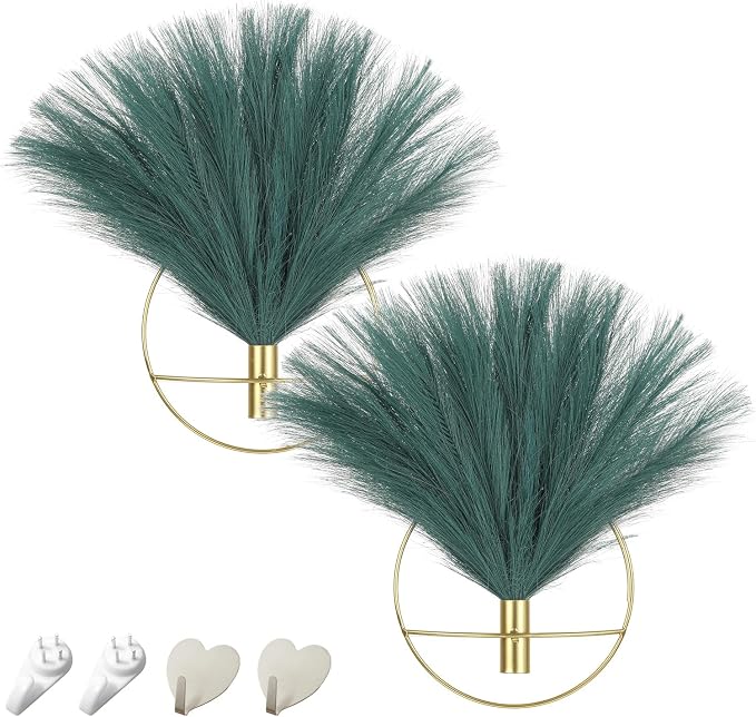 Pretty Jolly Boho Pampas Wall Decor Gold Metal Wall-Mounted Art | Morden Artificial Greenery Display，2 Pack Hanging Planter For Living Room, Bedroom, Bathroom, Dining room