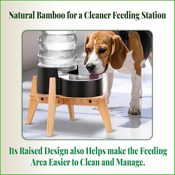 Dog Water and Food Dispenser Stand for Medium Dogs - Adjustable, Bamboo | Use to Elevate, Raise, Hold Gravity or Automatic Food Feeders and Water Bowl Dispensers - Medium