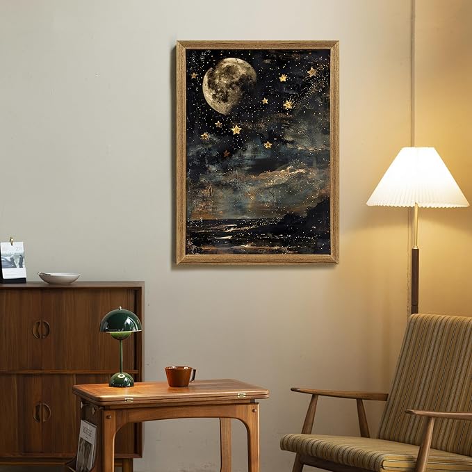 ICHZUMW Framed Moon and Stars Celestial Vintage Canvas Wall Art 16x24 In | Dark Moody Night Sky Painting, Gothic Dark Academia Wall Decor for Bedroom Living Room Bathroom Office, Ready to Hang
