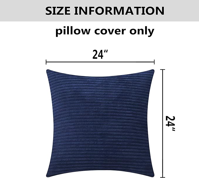 Home Brilliant Euro Sham Striped Decorative Corduroy Pillow Cover 24x24 Velvet Large Couch Throw Pillow Cover for Bedroom, 24 inch (60cm), Navy Blue