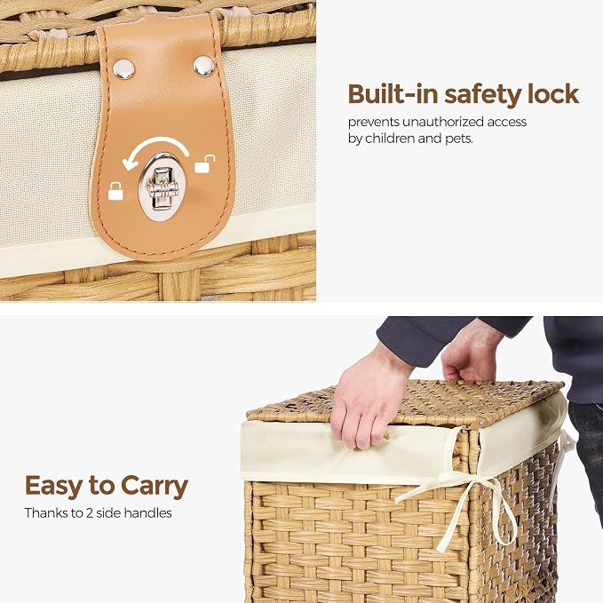 Wicker Storage Basket with Lid, 200L Storage Bin with Removable Liner Bag | Rattan-Inspired Shelf Basket Design, Storage Trunk with Heightened Feet, Wardrobe Storage Container & Home Organizer