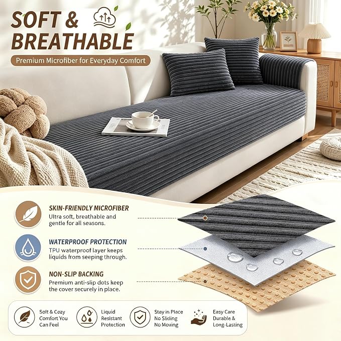 Waterproof Couch Cover for Dogs, Sofa Covers Washable & Non-Slip, Soft Dog Bed Blanket Protector for Sectional, Loveseat, Living Room Furniture (Dark Gray, 35.43"x 70.9" 1 Pack)