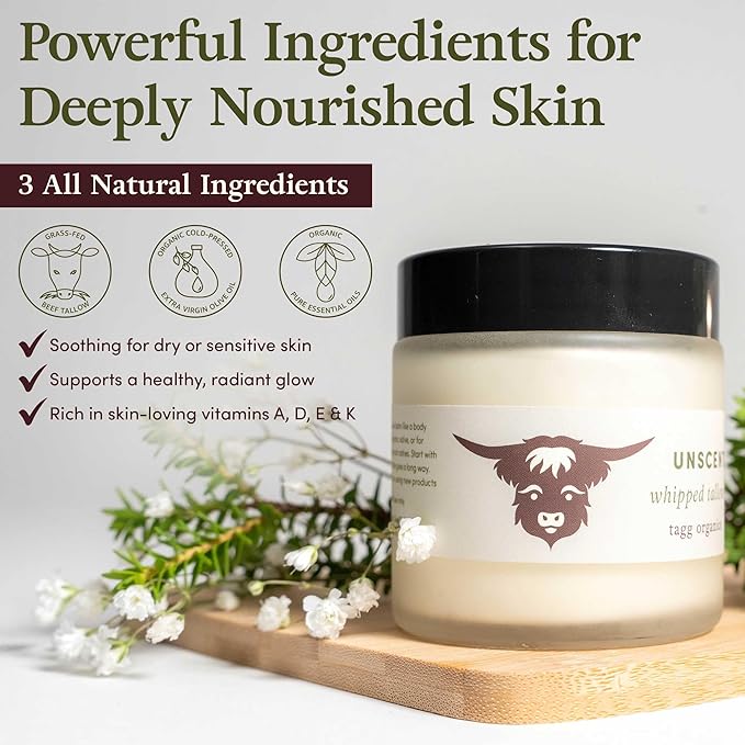 Whipped Tallow Cream for Skin - 100% Organic & Chemical-Free - Deep, Long-Lasting Hydration & Nourishment for Dry & Sensitive Skin (Unscented 4oz)