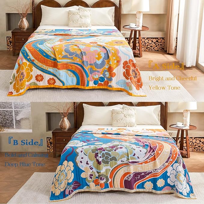 XIBLC Boho Throw Blanket, Lightweight Blankets for Summer, 100% Cotton Bohemian Decorative Throw Blanket, 90"x98" Reversible Muslin Breathable Woven Farmhouse Blankets Quilt,