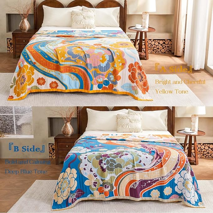 XIBLC Boho Throw Blanket, Lightweight Blankets for Summer, 100% Cotton Bohemian Decorative Throw Blanket, 80"x90" Reversible Muslin Breathable Woven Farmhouse Blankets Quilt,