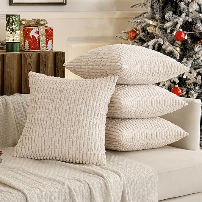 MIULEE Pack of 4 Cream White Corduroy Decorative Throw Pillow Covers 20x20 Inch Soft Boho Striped Pillow Covers Modern Farmhouse Home Decor for Sofa Living Room Couch Bed | Neutral Rustic Farmhouse Boho Soft Striped Pillow Covers,Home Decor for Sofa,Li...