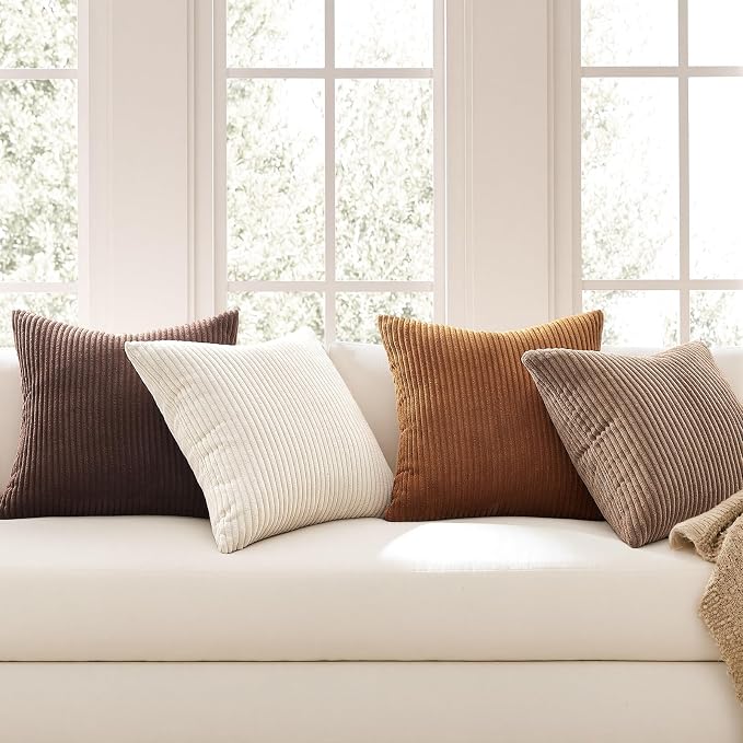 Topfinel 20 by 20 Pillow Covers Set of 4 Rustic Modern Soft Corduroy Striped Decorative Cushion Cover Gold Brown Gradient Farmhouse Pillow Case for Sofa Couch Living Room Bedroom