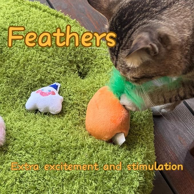 CECE PAW 4 Pack Cat Carrot Feather Toy, Catnip Refillable Toys, Cat Kicker Toy with Treat Pockets and 6 Catnip Pouches