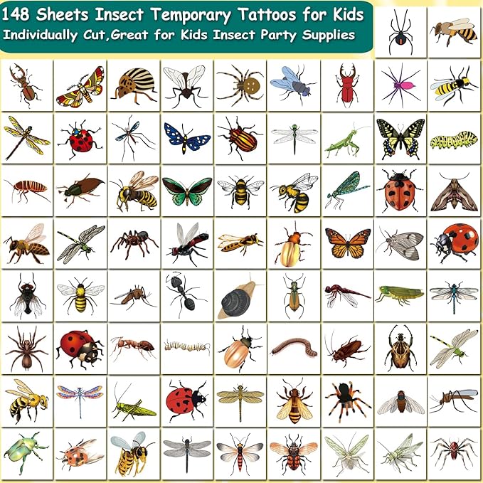 148 Individually Sheets Bug Temporary Tattoos for Kids - Insect Tattoos for Kids Birthday Party Supplies Goodie Bag Fillers