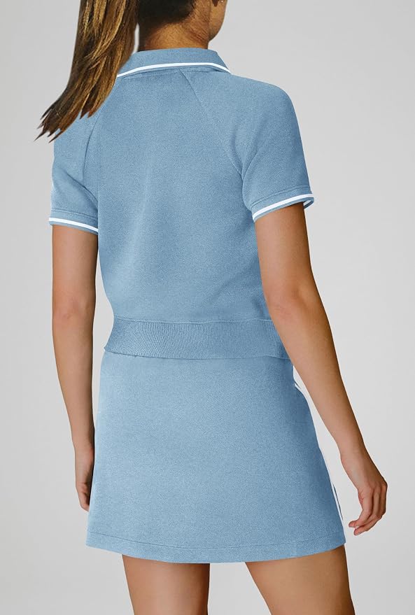 Womens Workout Sets 2 Piece Outfits V Neck Short Sleeve Polo Shirt and Tennis Skort Set with Pockets