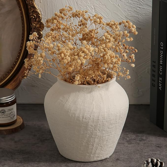 Farmhouse Ceramic Vase - White Rustic Vintage Flower Vase for Home, Living Room, Shelf and Dining Table Decor-6.1IN.