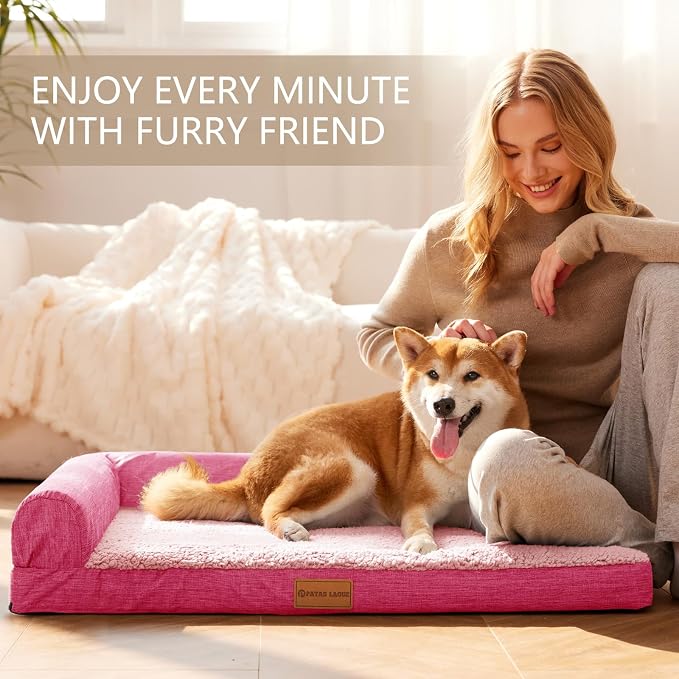 Patas Lague Orthopedic Large Dog Bed Washable Pet Sofa Bed 56''X40''Pink | 2-Sided Bolster Egg-Crate Foam Dog Couch Large Sized Dogs, Waterproof Removable Washable Cover, Nonskid Bottom Pet Crate Mat