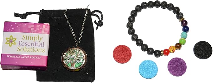 Aromatherapy Essential Oil Diffuser Stainless Steel 30MM Silver Magnetic Locket Pendant with Chain Necklace and Colored Refill Pads & Diffuser Bracelet All in a Velvet Bag (Tree of Life)