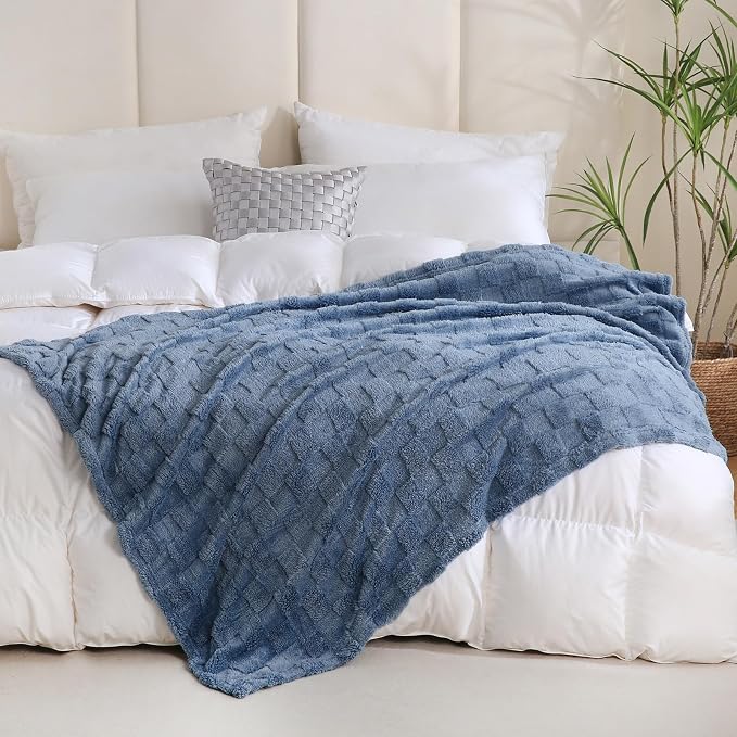 Dusty Blue Fleece Throw Blanket 108”×90”Checkered Design for Couch | Super Soft Cozy Plush Microfiber 3D Square Pattern Flannel Blanket for Sofa Bed Lightweight for Adults,Women