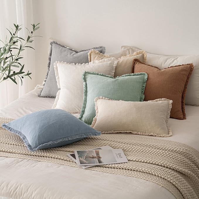 MIULEE Boho Linen Fringe Decorative Throw Pillow Covers Light Blue 20x20 | Set of 2, Cottagecore Decor, Boho Farmhouse Coastal Pillow Covers, Rustic Couch Cushion Cases for Sofa Bed Living Room