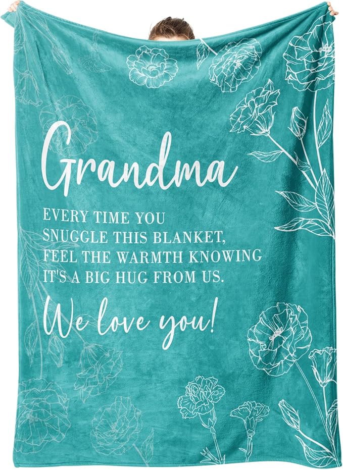 GiltGlimmer Grandma Gifts, Grandma Floral Blanket 50" x 60", Teal | Birthday Gifts for Grandma from Grandkids, to My Grandmother Soft Flannel Throw Blanket for Christmas Mothers Day