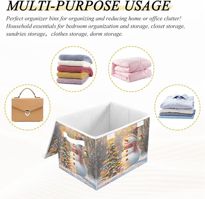 Whimsical Snowman Storage Bins with Lids and Carrying Handle,Foldable Storage Boxes Organizer Containers Baskets Cube with Cover for Home Bedroom Closet Office Nursery