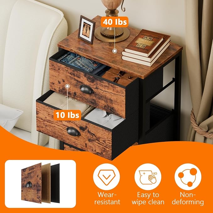 Dresser for Bedroom, 6 Bins Tall Fabric Storage Drawers | Rustic Brown Chest of Drawers , Metal Frame, Wood Top,Tall Nightstand for Dorm,Closet, Bedside Furniture in Living Room