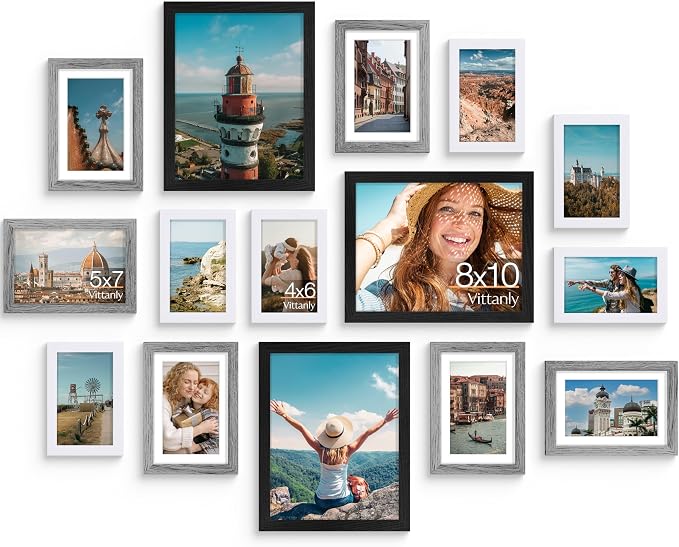 Vittanly 15 Pack Gallery Wall Frame Set, Black, Grey, White | Picture Frames Collage Wall Decor: 3pcs 8x10, 6pcs 5x7, 6pcs 4x6. Picture Frame Set for Wall or Tabletop Display