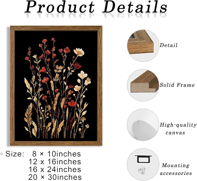 JLTULT Black Floral Wall Art, Vintage Wildflower Framed Canvas, 12 x 16 in | Black-background wildflower art on fade-resistant canvas with a ready-to-hang solid wood frame for bedrooms and bathrooms