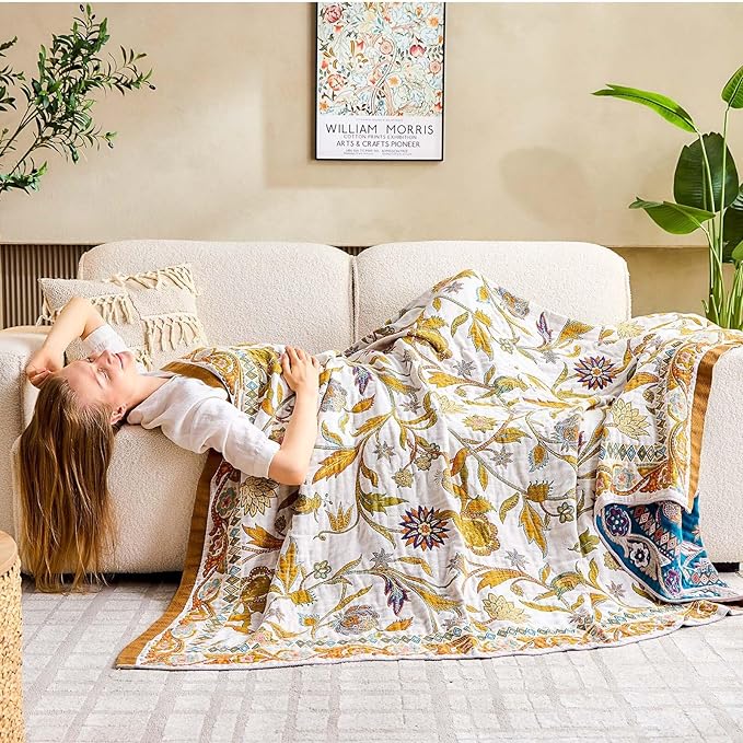 XIBLC Fall Throw Blanket for Couch, Brown Boho Decorative Throw Blanket, 100% Cotton Muslin Breathable Woven Farmhouse Blankets Quilt, 50"x60" Reversible Lightweight Blankets Bohemian Throw Quilt